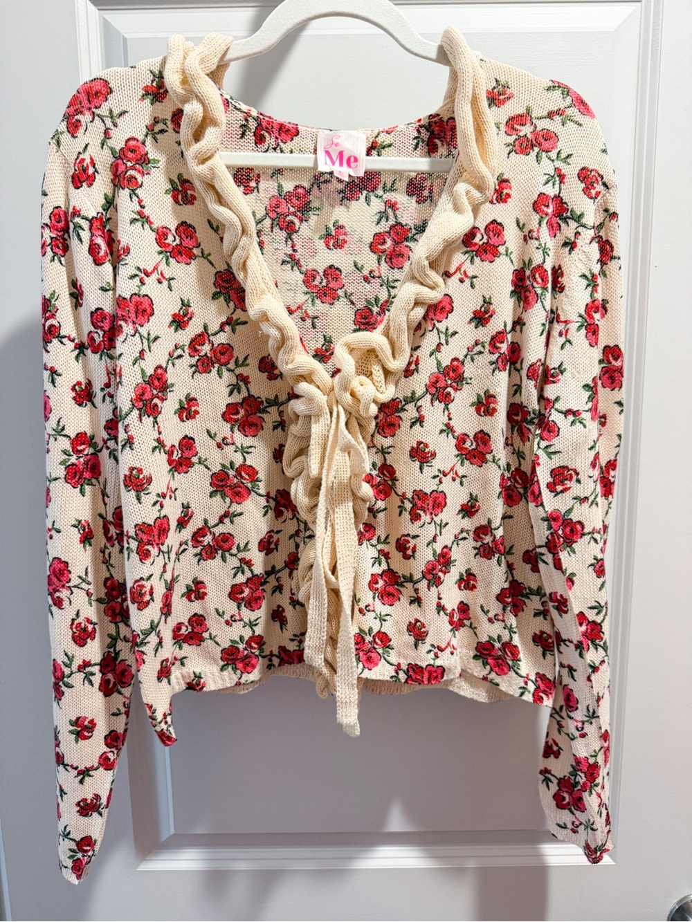 Cream Knit Floral Tie-Front Top